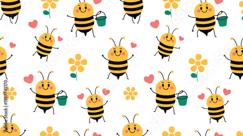 Cute Dancing Bees Seamless Pattern Line Art Set  Honey Bee Love and Flowers