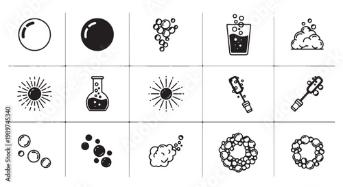 Minimalist bubble and foam icons set, 15 black and white vector symbols of soap suds, carbonated drink fizz and chemical effervescence