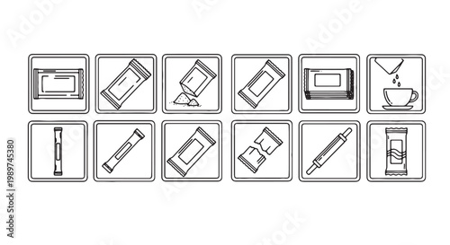 Minimalist sugar sachet icons set, black and white line art sweetener packets, 12 vector symbols for coffee shop packaging and cafe branding