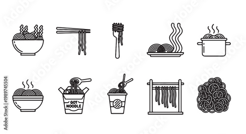 Minimalist noodle and pasta icon set, 10 black and white line art food vectors, ramen and spaghetti bowl illustrations for restaurant menus