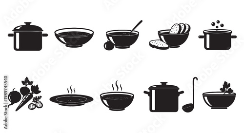 Minimalist soup and cooking pot icons, black silhouette kitchenware set of 10 vector elements, hot broth bowls and vegetable soup symbols for restaurant menus