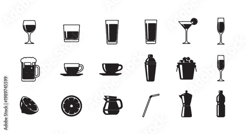 Minimalist beverage icons set, 18 black drink symbols including wine glass and coffee cup, flat vector bar and cafe menu elements