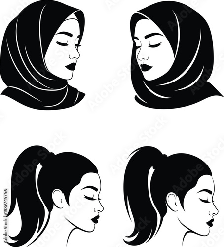 black and white illustrations of women with different hairstyles and headscarves