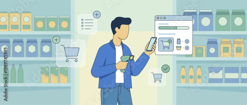 Man shopping online in a supermarket with products and cart