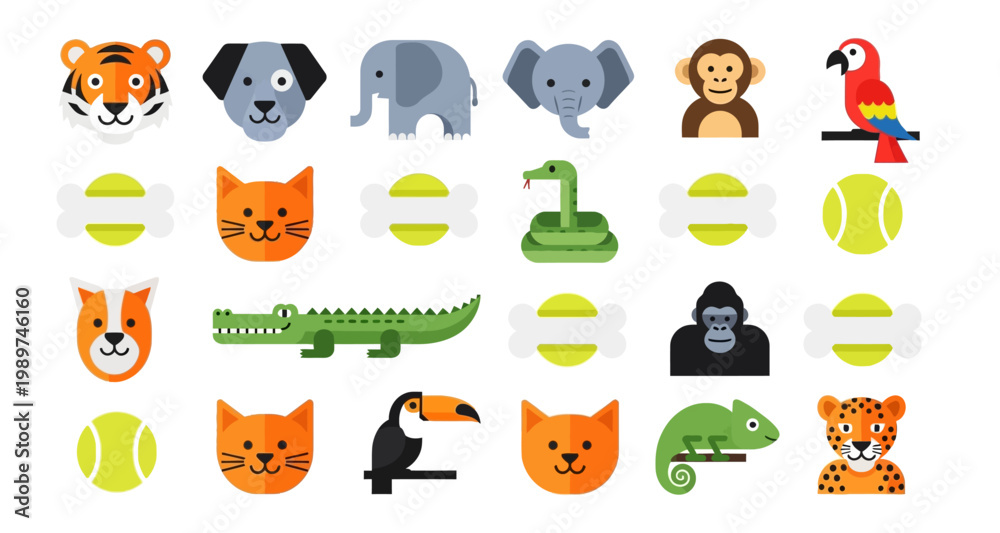 Fototapeta premium Colorful cartoon illustrations of various animals bones and tennis balls