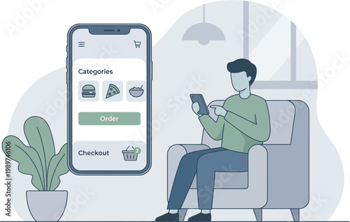 Man sitting on chair holding phone next to large smartphone with menu