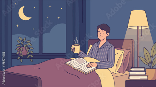 A man sits on bed reading book at night with coffee