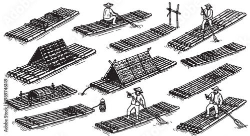 Vintage bamboo raft collection, traditional wooden river transport vectors, hand drawn Asian watercraft set with fishermen and huts