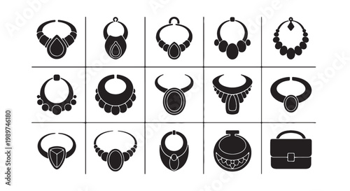 Elegant jewelry icons set, black necklace and pendant vector silhouettes, luxury fashion accessories collection for retail and boutique branding