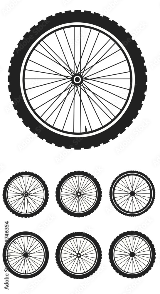 Fototapeta premium Bicycle Wheel Set: Single Large Wheel and Six Small Wheels