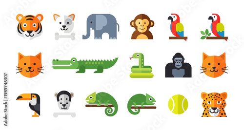 Colorful flat design illustrations of various animals and a ball