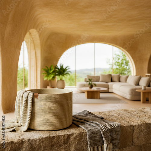 Nordic cotton baskets in cozy minimalist interior
