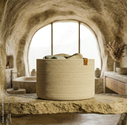 Nordic cotton baskets in cozy minimalist interior
