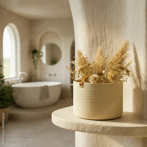Nordic cotton baskets in cozy minimalist interior
