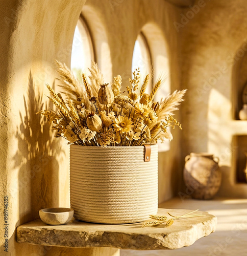 Nordic cotton baskets in cozy minimalist interior
