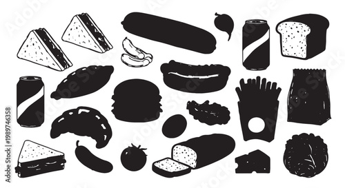 Vintage fast food silhouettes and snack icons, black hand drawn food elements set, rustic woodcut style meal illustrations for restaurant menus
