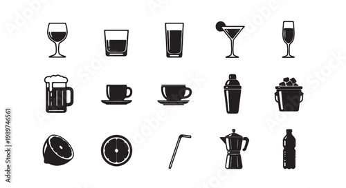 Minimalist beverage icons set, 15 black vector drink symbols including wine glass, beer mug, coffee cup and cocktail shaker for bar menus and cafe signage