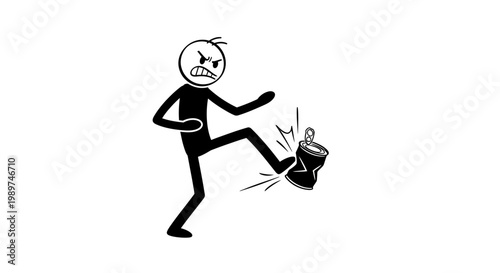 Man Kicking Trash Can Angrily Outside.