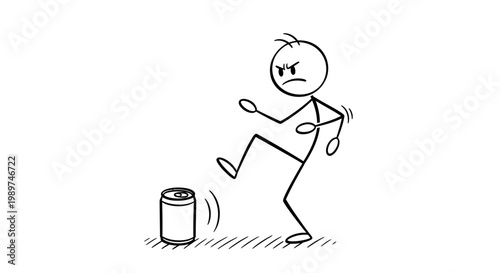 Man Kicking Trash Can Angrily Outside.