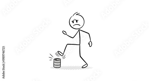 Man Kicking Trash Can Away Angrily.