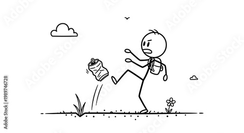 Man Kicking Trash Can Away Outdoors.