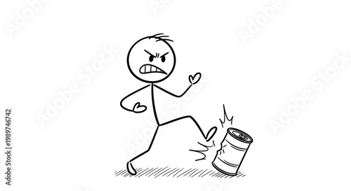 Man Kicking Trash Can Angrily Outside.