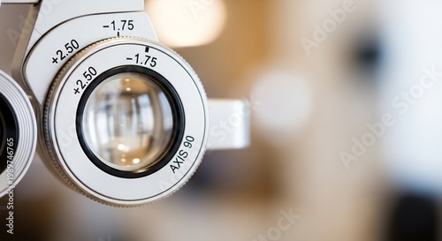 Close-up of a phoropter lens with diopter markings for vision testing in an optometrist's office