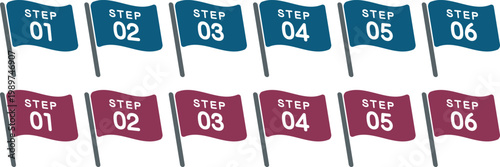 手順や流れを示すステップ番号フラッグラベルのアイコンセット（Step Number Flag Labels Set, Process and Timeline Icons）
