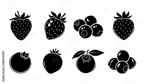 Strawberries and blueberries silhouette and line art vector set minimalist fruit icon collection isolated on white background