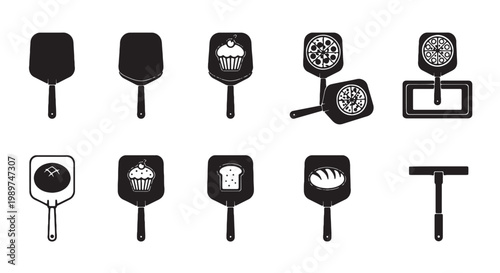 Bakery pizza peel icon set, black silhouette kitchen paddle collection, 10 vector elements for pizzeria and bakeshop branding, bread and cake shovel symbols