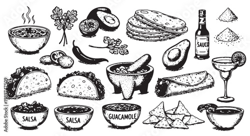 Vintage Mexican food vector set, hand drawn tacos and guacamole illustrations, black and white sketch of salsa and nachos for restaurant menu design
