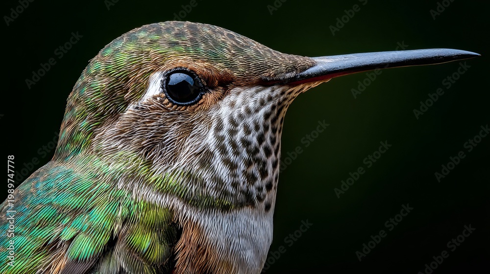 Fototapeta premium Tiny hummingbird's portrait captured with close-up detail.