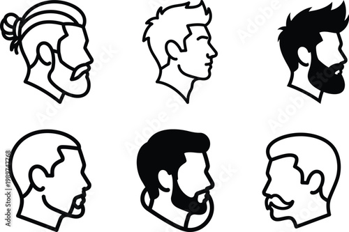six different hairstyles and beards of men in profile
