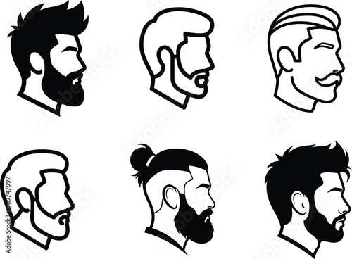Six different mens hairstyles and beards side profile illustrations