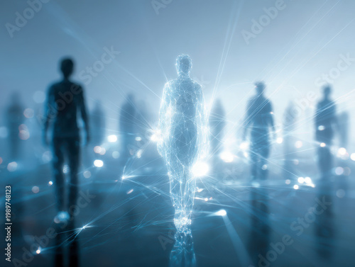 Digital human figure composed of interconnected glowing points walking among blurred silhouettes in a futuristic and technology-inspired environment with blue tones