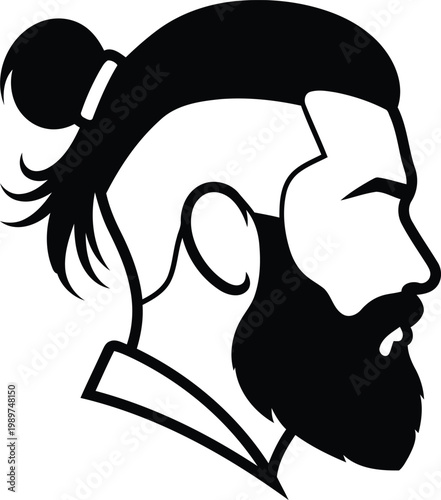 stylized illustration of a man with a beard and hair in a bun