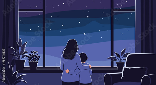 Mother and son hugging while looking at starry night sky through window