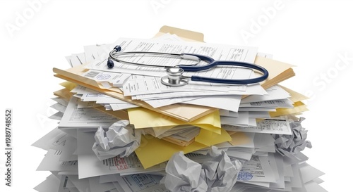 Stack of medical papers and patient files with stethoscope on top