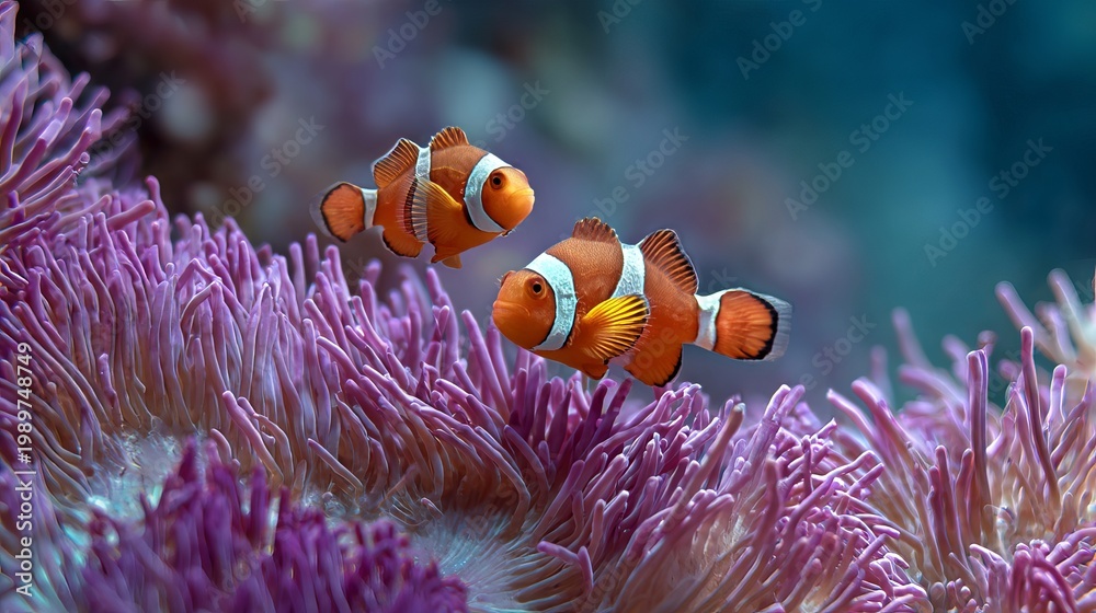 Obraz premium Little clownfish swim and play on colorful coral reefs with sea anemones.