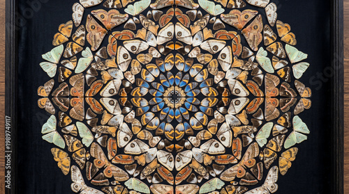 Preserved Moth Wings Arranged in Mandala Pattern on Black Silk
