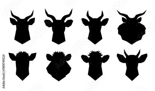 A set of black cow head silhouettes in various designs on a white background