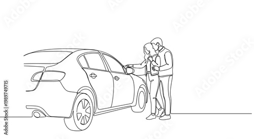 Couple unlocking car with key beside vehicle on white background