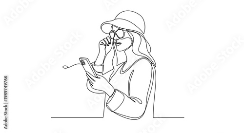 Woman in hat using smartphone and adjusting sunglasses line art on white background