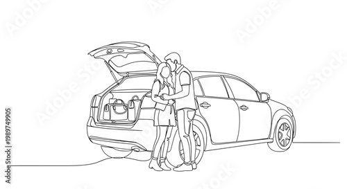 Couple hugging beside open car trunk with luggage line art illustration