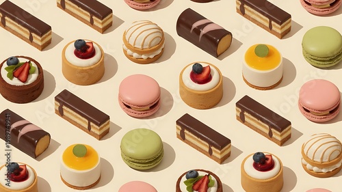 Seamless sweet cake dessert food photo pattern on a solid color background with soft shadows