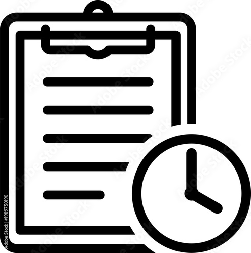 期限・締切を表す時計付きクリップボードの書類アイコン（Clipboard with Clock Deadline Management Icon）
