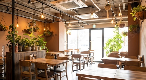 Cozy restaurant interior with wooden tables and lush greenery