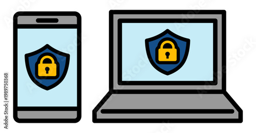 スマホとパソコンのセキュリティ対策アイコン データ保護と情報セキュリティのイメージ素材　Smartphone and Laptop Security Icon Data Protection Cyber Security Concept
