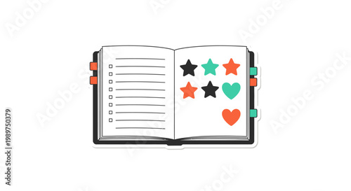 Open notebook with colorful star stickers.