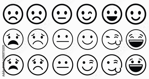 Vector outline icon set showcasing a diverse range of human facial expressions, from sad to joyful, ideal for user interface design, feedback, and emotional status